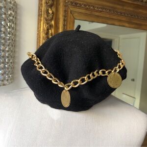 Stephanie Frank New York City Wool Beret Hat With Gold Coins Chain Detail